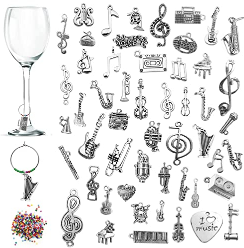 52 pezzi Segnabicchieri Charms per Bicchiere di Vino, Strumenti Musicali Calice Marcatori di Bevande Tag con Fibbia per Cocktail Champagne Festa Di Degustazione Favori Forniture Decorative Regali