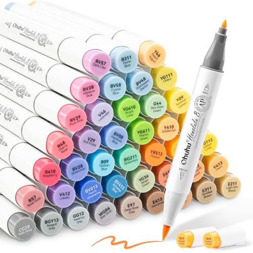 Ohuhu Alcohol Brush Markers 48 Mid-tone Colors - AP Certificated Double Tipped Alcohol Based Art Marker Set for Artist Adults Coloring Illustration - Honolulu B Brush & Fine Dual Tips - Refillable