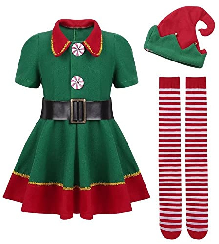 AudMsier Grüne Elfe Kostüm Weihnachten Halloween Elfe Frauen Kleid Set Kinder