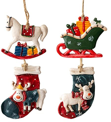 Weihnachtsbaumanhänger Weihnachtsanhänger Dekoration 4 Stücke Harz Schlitten, Strumpf, Schaukelpferd Weihnachtsfeier Zubehör Zum Aufhängen Aus Kunstharz Christbaumschmuck Für Anhänger, Dekorationen
