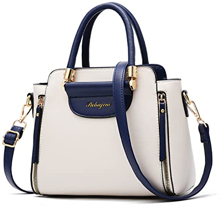 NICOLE & DORIS Damen Handtaschen Klein Modern Schultertaschen PU Leder Frauen Umhängetasche Top Griff Tasche Mehrfarbige Henkeltasche Damen Kuriertaschen Weiß und Blau