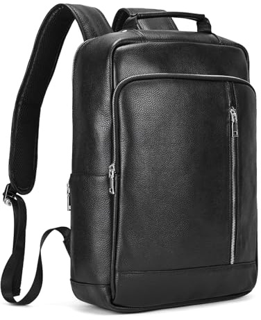 LUUFAN Zaino in vera pelle Uomo Casual Daypack Vintage 14 Laptop Rucksack Business Slim Travel Outdoor Shoulder Bag con Trolley Sleeve, Nero