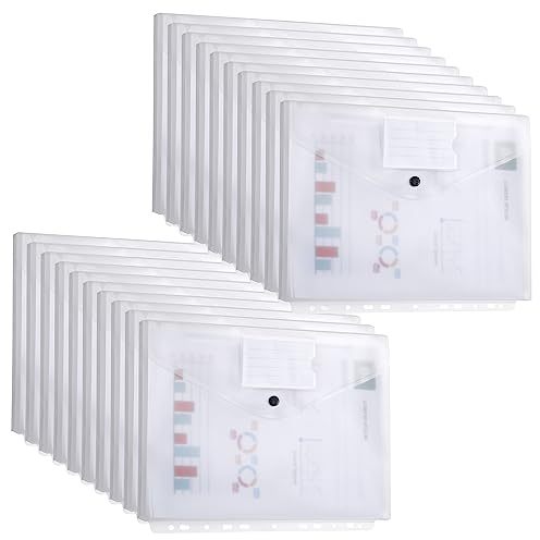 DATEFUN Dokumententasche A4 20 Pack, Dreidimensionale Dokumentenmappe A4, Transparent Sammelmappe A4 mit Binderlöcher und Etikettentasche, Hält 300 Papiere (Weiß)