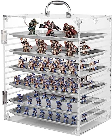 Famard Miniature Carrying Case for Collectibles Miniatures Storage, Clear Acrylic Action Figure Display Case with Protective Door Compatible with Warhammer 40k,DND&More