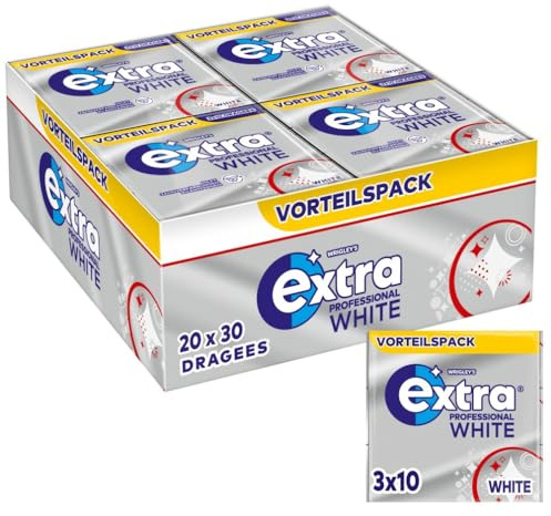 Extra Professional White Kaugummi Zuckerfrei, 20x30 Dragees Multipack | Zuckerfreier Kaugummi mit aufhellender Wirkung für strahlend weiße Zähne und frischen Atem im Büro und unterwegs