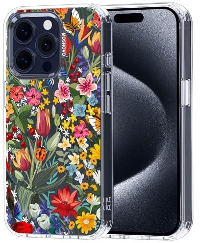MOSNOVO Case for iPhone 15 Pro, [Buffertech 6.6ft Military-Grade Drop Protection] [Anti Peel Off Tech] Clear TPU Bumper Phone Case Cover Design - In The Garden