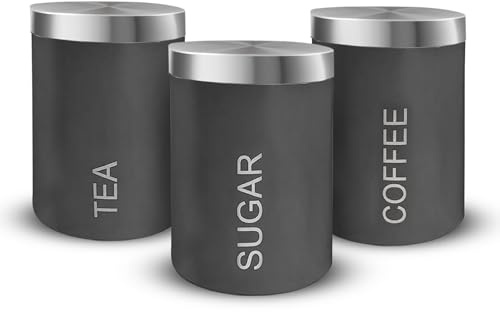 WiseAccordio Set of 3 Grey Kitchen A Canisters Tea Coffee Sugar Canisters with Air Tight Lid,Kitchen Storage Jars Set, Black Air Tight Kitchen Canisters