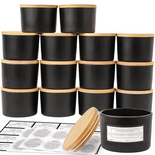 CONNOO 15 Stück 120ml Mattschwarze Glas-Kerzengläser mit luftdichten Bambusdeckeln zum Kerzenmachen, kleine, weithalsige, leere Kerzengläser im Großpack mit haftenden Warnetiketten - spülmaschinenfest