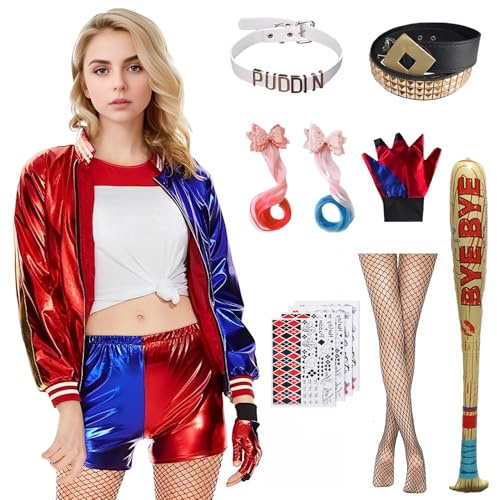 Formemory Quiinn Kostüm Damen,Halloween Karneval Kostüm Faschingskostüme mit Handschuhe Jacke T-Shirt Shorts Netzstrümpfe für Halloween Karneval (Damen(10-teiliges Set), M)