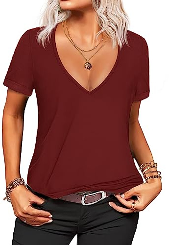 ZEAGOO T-shirt damer, kortärmad tunika, djup V-ringning, bastopp, skjortor, sommar, ledig, långtröja, t-shirt, toppar, Vinröd, L