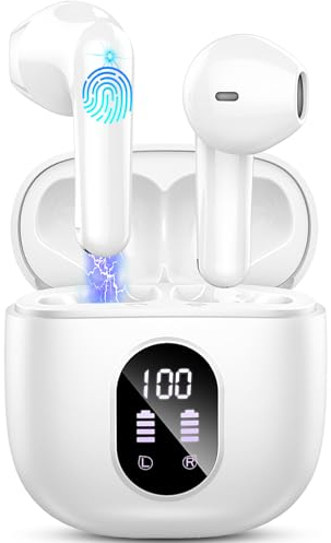 Cuffie Bluetooth 5.4, Auricolari Bluetooth Stereo HiFi con 4 ENC Mic, 2025 Cuffie Wireless in-ear 50 Ore di Durata, Cuffiette Bluetooth LED Display,Touch Control, IPX7 IP7 Impermeabili Earbuds Bianco