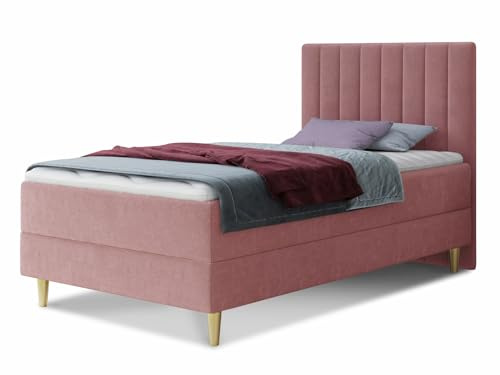 Boxspringbett Gold Mini mit Bettkasten, Bonell-Matratze und Topper - Einzelbett mit Matratzentopper, Polsterbett, Bett, Schlafzimmer, Jugendzimmer, Velours Stoff (Pink (Manila 09), 90 x 200 cm)