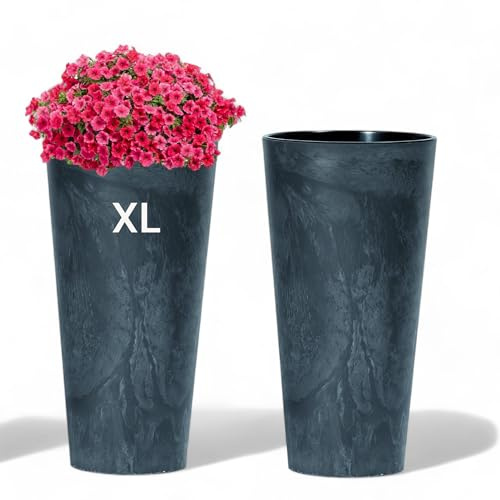 MELTOM Blumenkübel Rund Beton Optik Blumentopf Slim mit Einsatz (Anthrazit, XL - 57 cm)