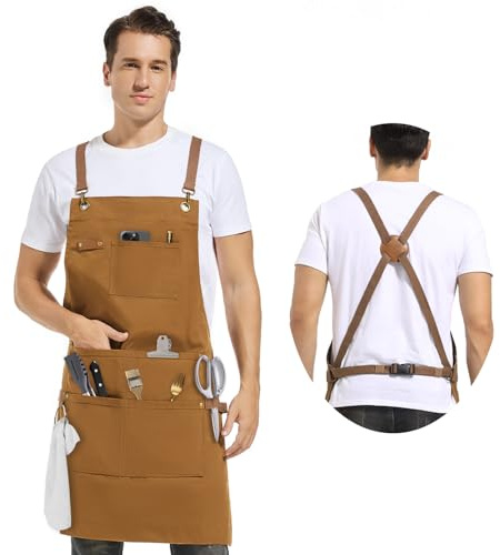 lelezone Delantal de chef, barbacoa y trabajo, 100% lona de algodón, delantal grande con bolsillos, delantal de chef de grado profesional para cocina, parrilla y cocina, correas traseras ajustables