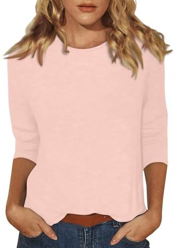3/4 Sleeve T Shirts for Women UK Womens Lightweight Solid Color Tops 3/4 Sleeve Casual Gym Fashion Daily T-Shirts Ladies Summer Round Neck Blouses 05-Light Pink M