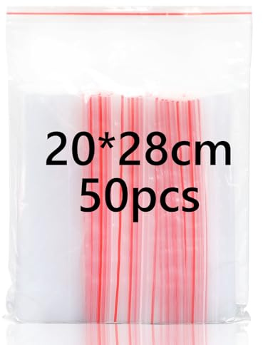 Sacchetti trasparenti richiudibili, 20 x 28 cm, 50 pezzi, con guarnizione in plastica spessa e resistente, per cucina, ufficio e cancelleria