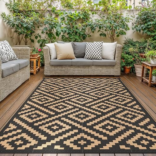 GENIMO Outdoor Rug Garden Rugs Waterproof Reversible Recycled Outdoor Carpet Washable UV Resistant Modern Area Rugs for Patios, Picnic, Backyard, 180 * 275cm, Black & Brown