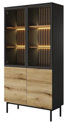 BETTSO - Vitrinenschrank - Glasvitrine - Wohnzimmer Schrank - 100 cm breit - Bücherregal mit Türen, Highboard - Hohe Beine - Schwarz & Evoke Eiche Holzoptik 100x39x188cm