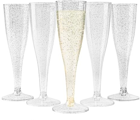 MATANA 96 Premium Elegante Sektgläser aus Plastik mit Silberglitter, 133ml - Mehrweg Sektflöten Kunststoff, Champagner Gläser, Proseccogläser für Hochzeiten, Geburtstage & Partys