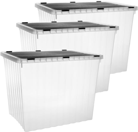 2friends Juego de 3 cajas de almacenamiento con tapa, grandes, 80 litros, cajas de plástico apilables para oficina, cocina, garaje y habitación de los niños, prácticas cajas con cierres de clip, tapas