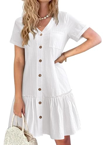 Hotouch Robe d’Été Lin Femme Chemise Boutonnée Élégante Mi-Longue Tunique T-Shirt Blanc L