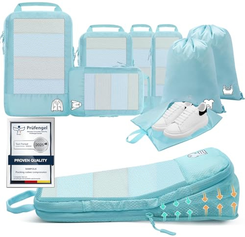 Organizer Valigia Compressione 8 Pezzi Packing Cubes Compression,Organizer Viaggio Salvaspazio Travel Accessori Azzurro