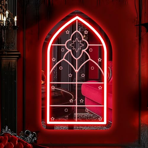 Gothic Arch Window Neon Sign, Medieval Cathedral Mirror, Goth Lover Gift, Halloween Decor, Vintage Style Illuminated Mirror,Gothic Home Decoration 16.9×9.6