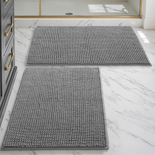 DEXI Tappeto Bagno Assorbente 60 x 90 cm, Set di 2 Pezzi Tappetino Antiscivolo e Morbido Spesso in Ciniglia, Tappeti Asciugatura Rapida e Lavabile per la Lavandino, Ingresso del Doccia, Grigio