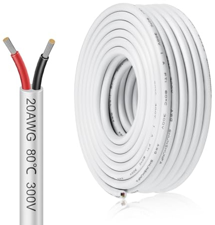 inShareplus 20AWG 2x0.5mm² 5 Meter Electrical Wire 2 Core Electric Cable, 12V/24V/300V White Tinned Copper Wires, 22 Gauge Flexible and Soft Outdoor Cable High Temperature Resistant Extension Wire