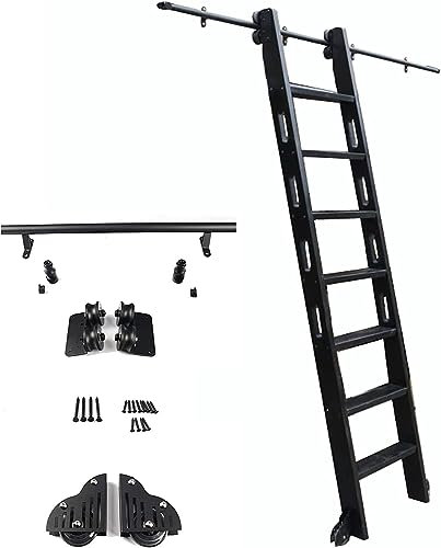 Scala telescopica in legno massello nero, scala scorrevole multifunzionale per libreria, piattaforma di atterraggio per biblioteca per refrigeratore di vino, scale mobili per soppalco, pista mobile di