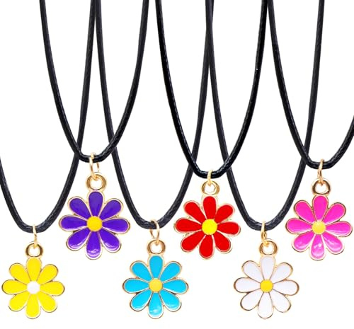 FindFunFine 24 Pieces Daisy Flower Necklaces – Colourful Pendant Accessories For Summer Party Favours, Gifts, Rewards And Themed Decorations