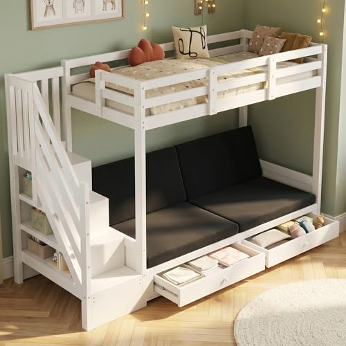 Gegtuon Kinderbett Bett 90x200 cm, Hochbett mit Regal Stauraum, Weiß | Mit Schubladen, Hausbett Holzbett mit Sofa & Treppe, Etagenbett Bettgestell mit Lattenrost und Rausfallschutz, ohne Matratze