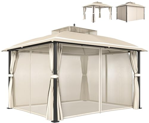 Outsunny Cenador para Jardín 3x3,7 m, Pabellón de Jardín Gazebo con Doble Techo, Paredes Laterales, Mosquiteras, Marco de Metal, Resistente al Agua, Anti-UV, Carpa para Exterior, Terraza, Patio, Beige