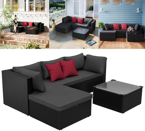UISEBRT Gartenmöbel Set Polyrattan Lounge Schwarz mit 3er Sofa, Sessel, Hocker, Tisch, Balkonmöbel Sitzgruppe Gartensofa mit Sitzkissen Wetterfeste Outdoor Möbel für Terrasse und Garten