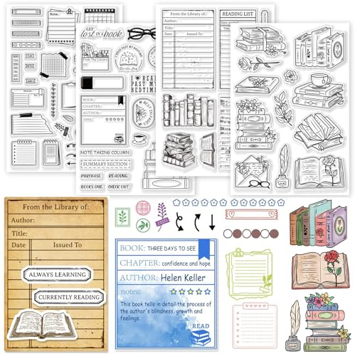 GLOBLELAND 4 hojas libros tarjeta de biblioteca sello transparente para scrapbooking calendario sellos de silicona libros lectura juego de sellos transparentes para hacer tarjetas DIY gofrado diario
