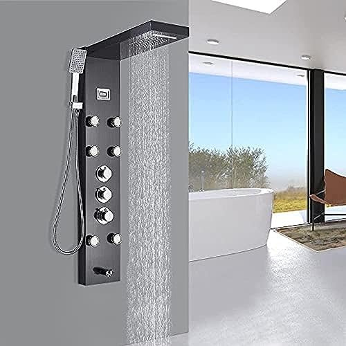 SnamicE Panneau de douche thermostatique cascade colonne de douche colonne de douche jets de massage corporel douche à main bec bec mural panneau de douche nickel brossé, noir, noir
