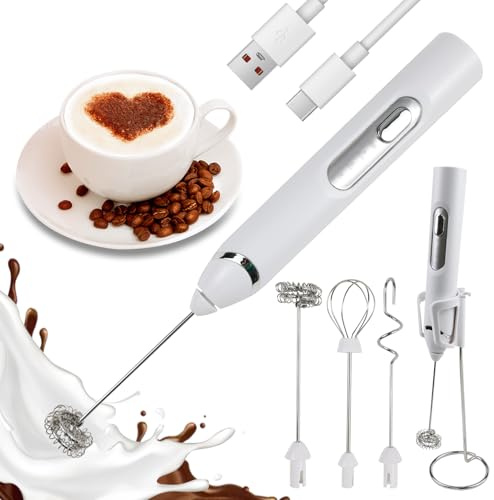 Aohcae Wiederaufladbarer Milchaufschäumer Stab, 3 Geschwindigkeiten | Mit Ständer und 3 Abnehmbarer Rührkopf aus Edelstahl, Mini Mixer für Latte Macchiato, Matcha, Cappuccino