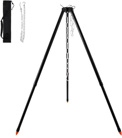 Schwenkgrill 122cm 5 Höhenverstellbare Einstellungen mit Kette | Dreibein Aluminiumlegierung mit Tragetasche, Grillgestell für Outdoor BBQ Camping