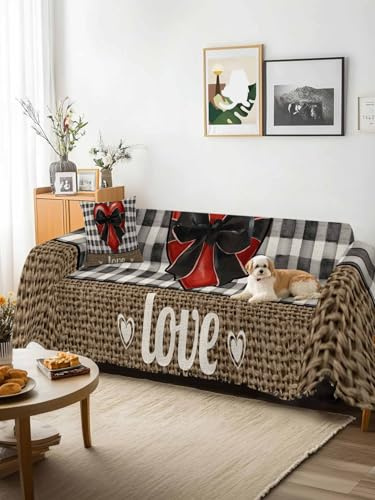 Bow on Red Heart Sofa Cover Blanket Couch Covers for Armchair Cushion,Couch Sofa Silpcover with Tassel,Valentine's Day Love Black Beige Plaid Linen Living Room Throw Towel Blanket Covers XX-L 71x150
