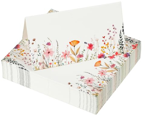 Tazuxetuqe 50 Cartes en Papier pour Décoration De Table 9 Cm sur 5 Cm Pliées Aquarelle Fleurs Sauvages Cartes De Siège Motifs Floraux Cartes De Nom pour Arrangement De Ta