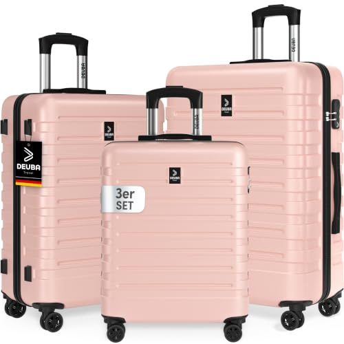 DEUBA TRAVEL Koffer Set 3tlg Hartschalenkoffer Pastell Rosa | Sicherer Stauraum, Kreuzgurt, PVC Fach, Reisekoffer M, L, XL, Trolley, Suitcase, 360° Rollen, Handgepäck 55x40x20
