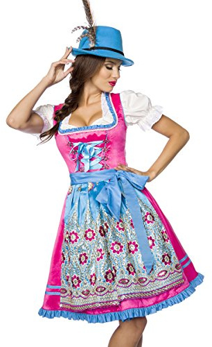Premium designer Dirndl med förkläde klänning Dirndklänning Oktoberfest traditionell traditionell klänning bård volanger blommor paljetter pärlor blå rosa XS – 3XL, Blå/rosa, XS