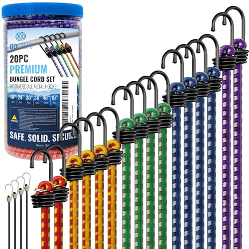 GOEASY0312 Premium Bungee Cords Heavy Duty - 20 pcs Bungee Cords with Hooks in A Storage Jar Includes 10, 18, 24, 30, 36, 48 Bungie Cord Bundle Multi-Color