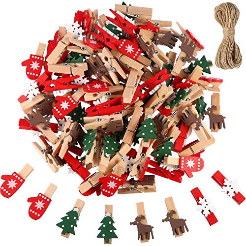 Blulu 100 Pezzi Mini Mollette in Legno di Natale - Artigianali Pin per Pegging Foto Clip Albero di Albero Natale, Renna, Fiocco Neve, Guanti - 10 Metri Cordone Incluso