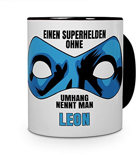 printplanet Tasse mit Namen Leon - Motiv Superhelden ohne Umhang - Namenstasse, Kaffeebecher, Mug, Becher, Kaffeetasse - Farbe Schwarz