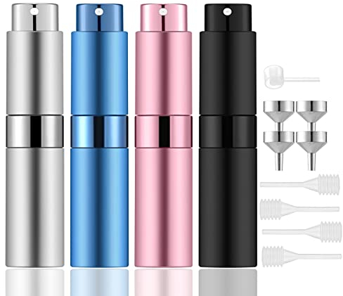Lil Ray 8ml Portable Mini Perfume Atomizer(4 PCS)，Refillable Empty Small Spray Bottle for Travel, Twist Type Pocket Cologne Sprayer (Matte Black, Pink, Blue, Silver)