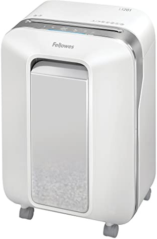 Fellowes Paper Shredder for Home Office Use - 100% Jam Proof 12 Sheet Micro Cutter for Home Office Use - Deskside with Large 22L Pull-Out Bin - Powershred LX201 - DIN Level P5 - White
