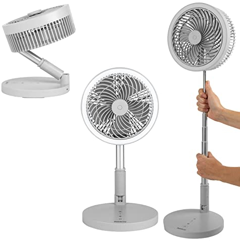 Beldray EH3413GR Foldaway Stand Fan - USB Rechargeable, Lightweight, Folding Portable Desk & Fan, 97cm Adjustable Height, Cordless, 3 Speed Modes, LED Ring Light, For Camping, Home, Office, Grey