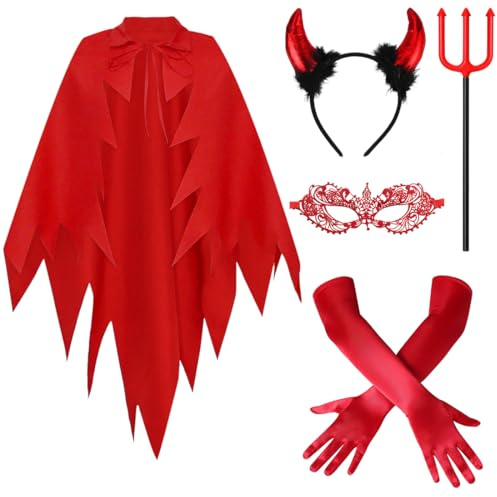 Wishstar Déguisement de diable femme,Déguisement de halloween pour femme,Cape de diable Rouge,Accessoires du cosplay de halloween pour femme,Ensemble de décoration d'Halloween