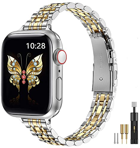 MioHHR Slim Band kompatibel mit Apple Watch Armband 38mm 40mm 41mm 42mm(Series 10),dünnes Edelstahl-Metallkettenband für Damen iWatch Bands Series 9 8 7 6 5 4 3 2 1 SE,Silber/Gold